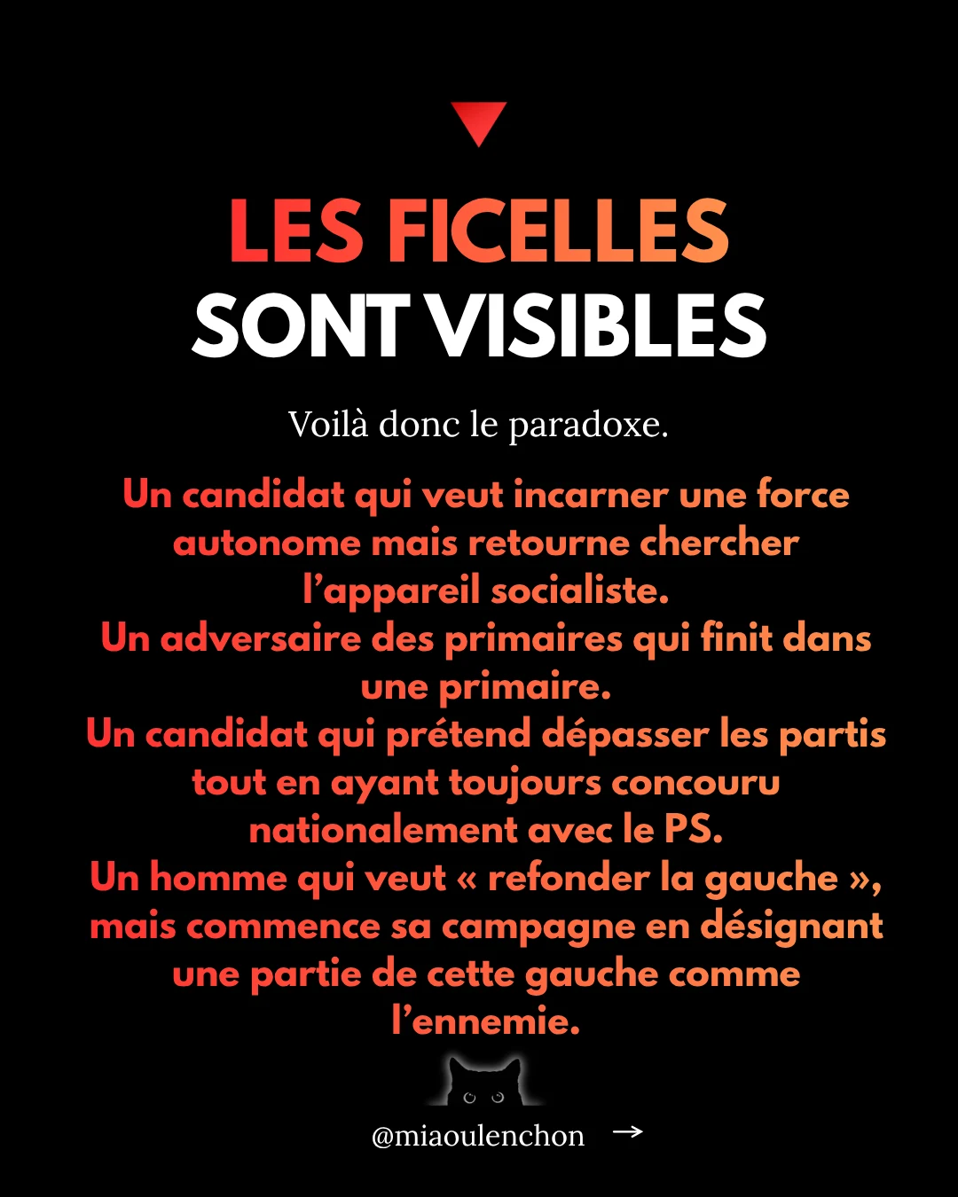 Diapositive 15 sur 19 : LES FICELLES SONT VISIBLES Voilà donc le paradoxe. Un candidat qui veut incarner une force autonome mais retourne…