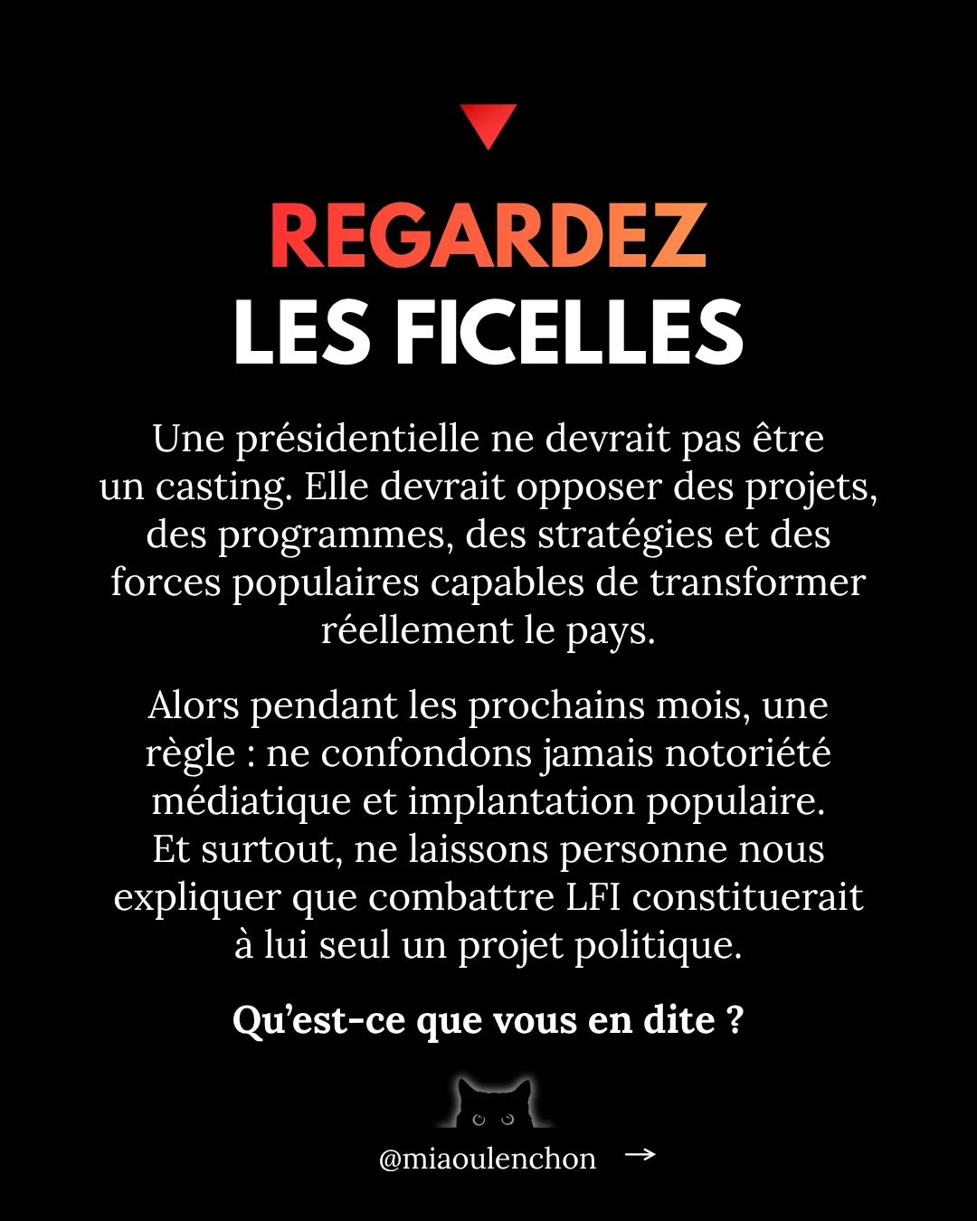Diapositive 17 sur 19 : REGARDEZ LES FICELLES Une présidentielle ne devrait pas être un casting. Elle devrait opposer des projets, des programmes,…