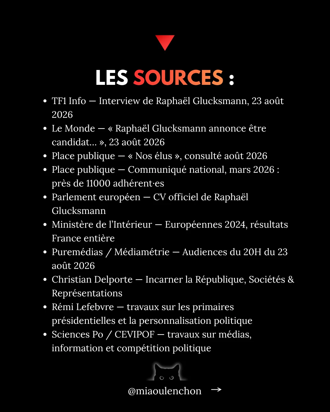 Diapositive 18 sur 19 : LES SOURCES : • TF1 Info — Interview de Raphaël Glucksmann, 23 août 2026 • Le Monde -…